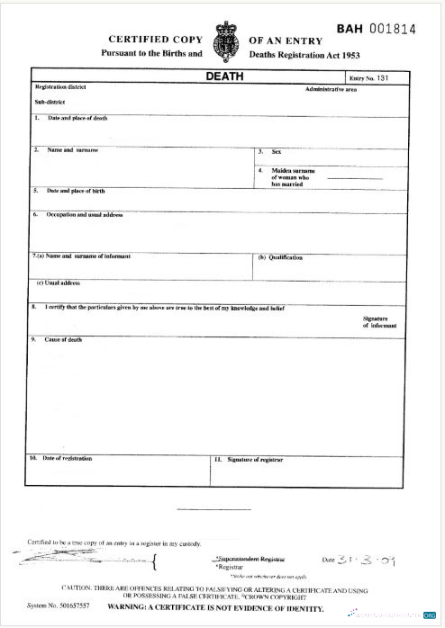 Download England General Register of London death certificate Photoshop template